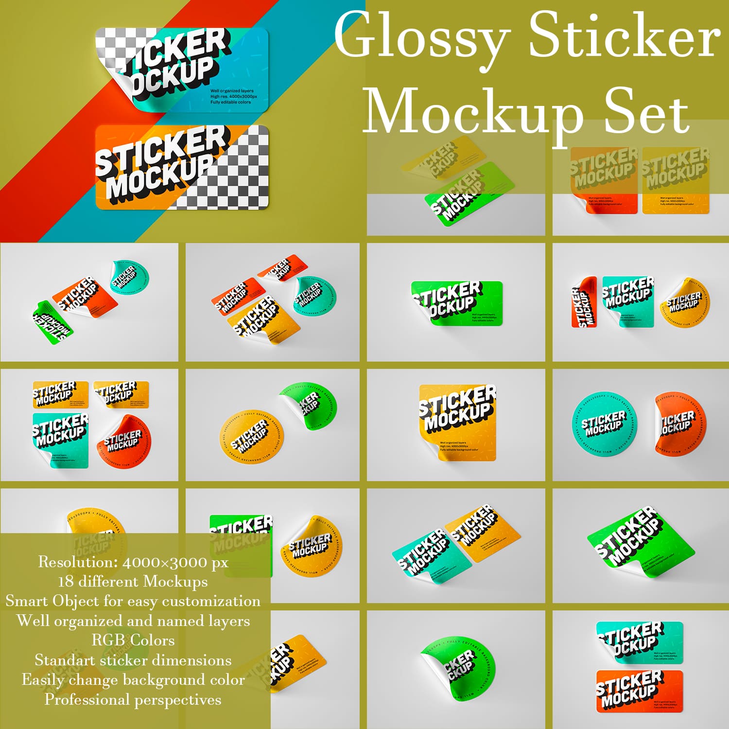 Collection of images of gorgeous glossy stickers.