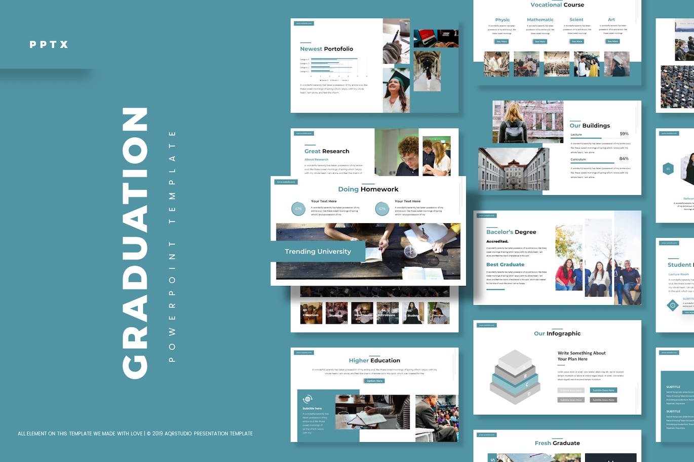 A set of images of amazing presentation template slides on the theme of graduation.