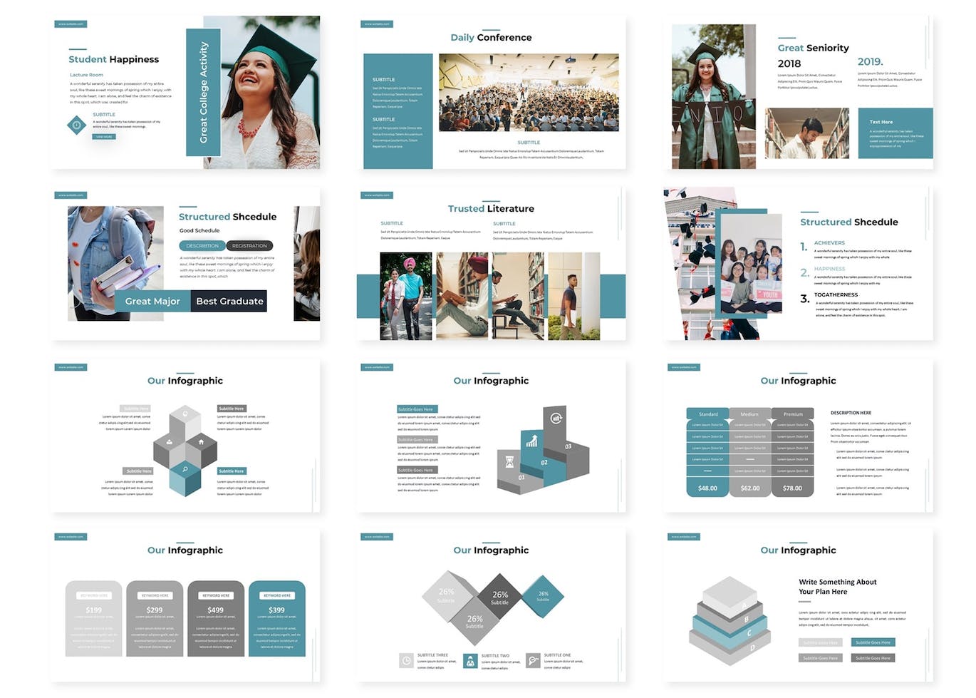 A pack of images of enchanting slides of a presentation template on the theme of graduation.