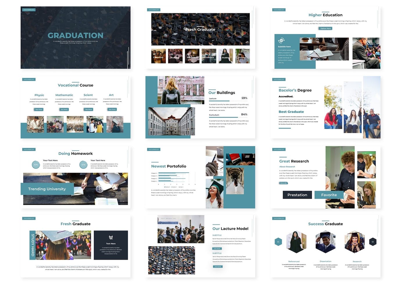 A selection of images of colorful slide presentation template on the theme of graduation.