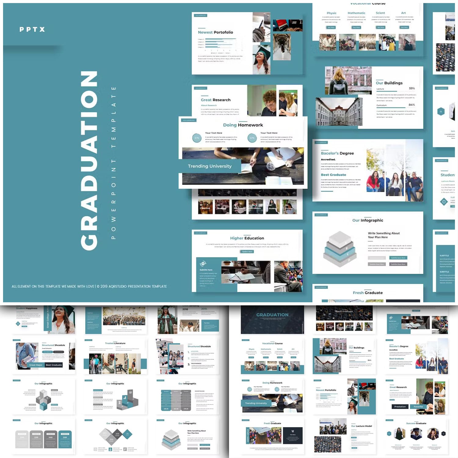 Pack of images of gorgeous graduation presentation template slides.