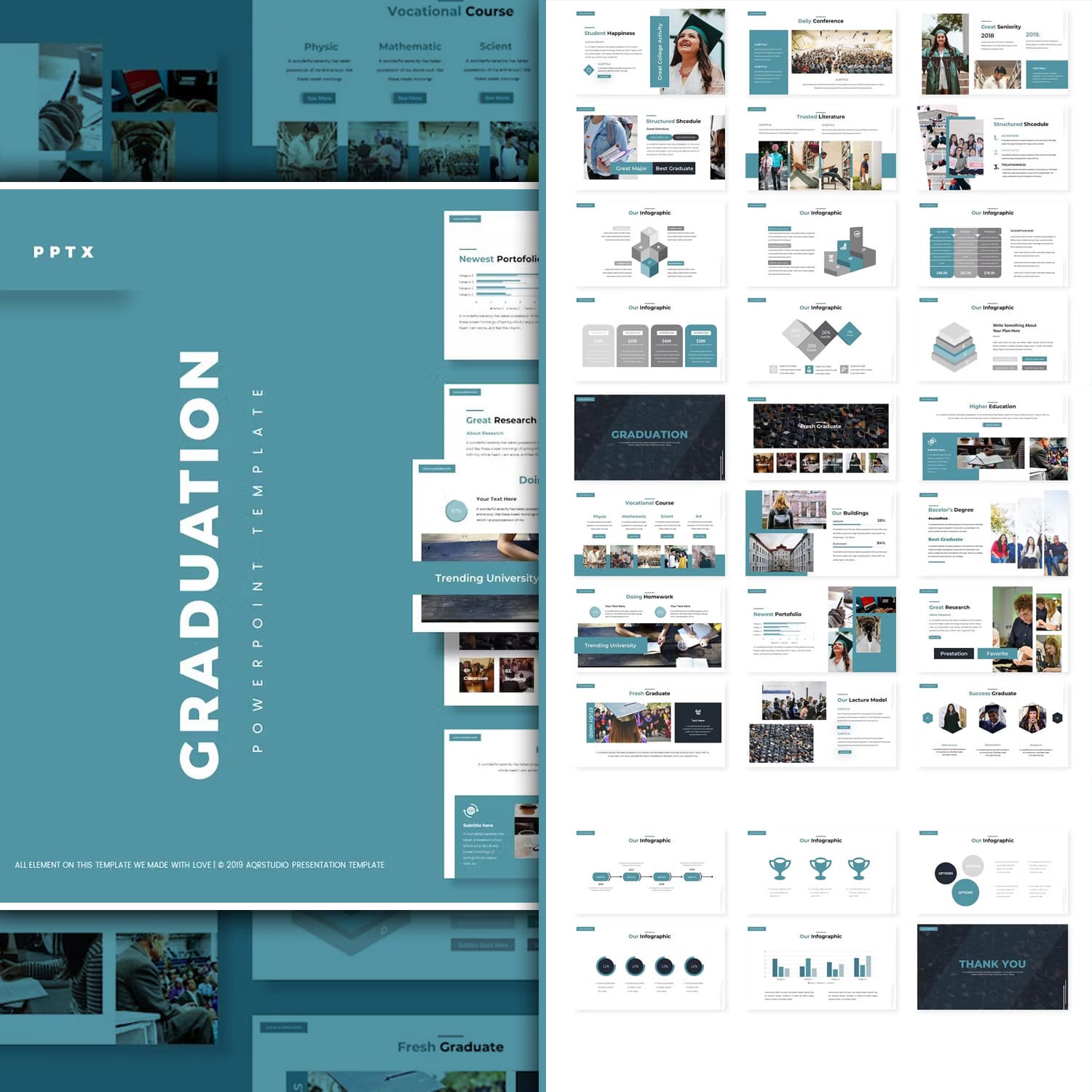 Set of images of adorable presentation template slides on the theme of graduation.
