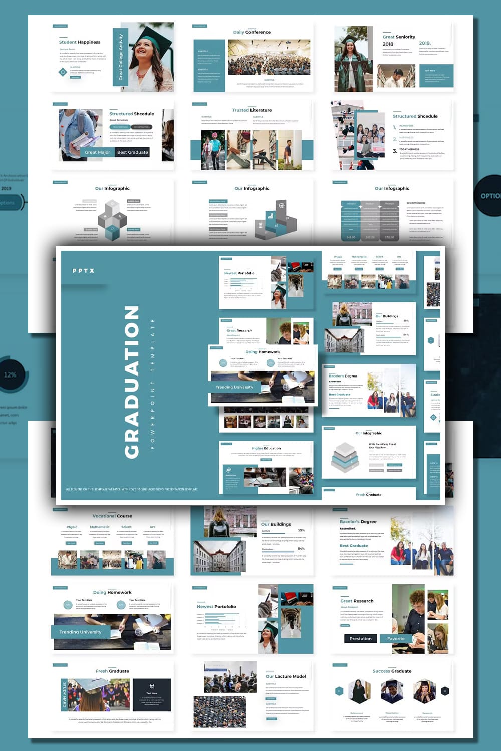A collection of images of beautiful presentation template slides on the theme of graduation..