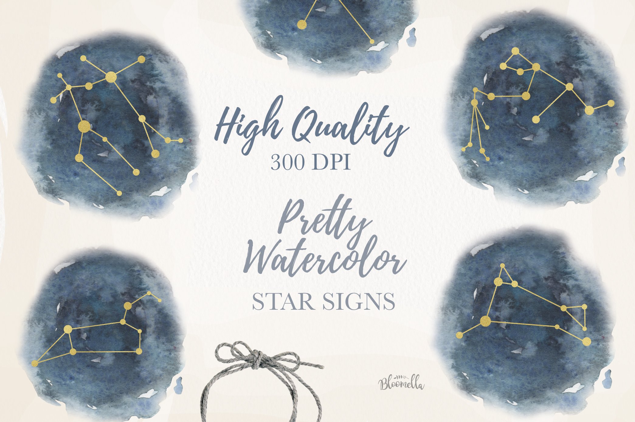 High quality blue watercolor spots with the gold zodiacs.