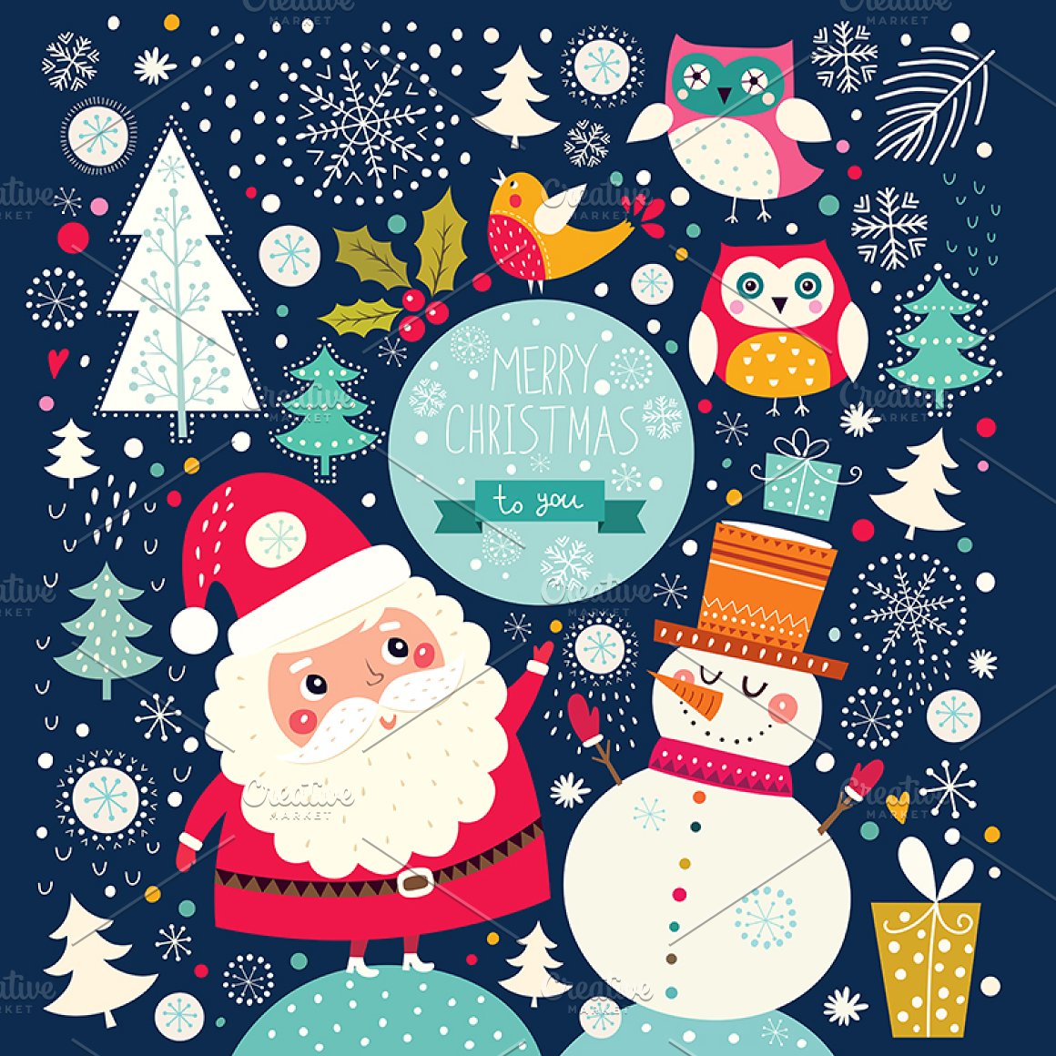 Dark blue background with small winter elements and Santa with a snowman.