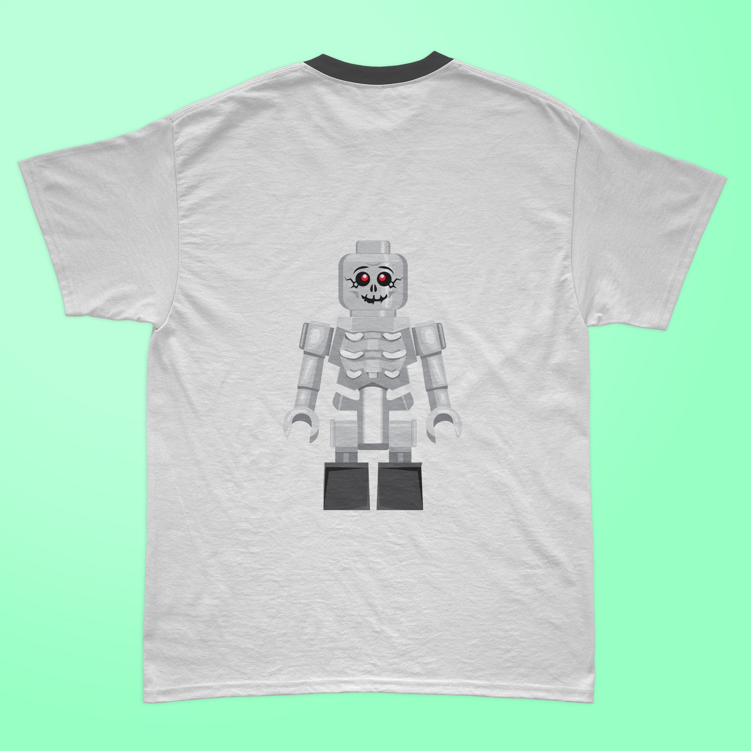 Lego skeleton illustration on the t-shirt.