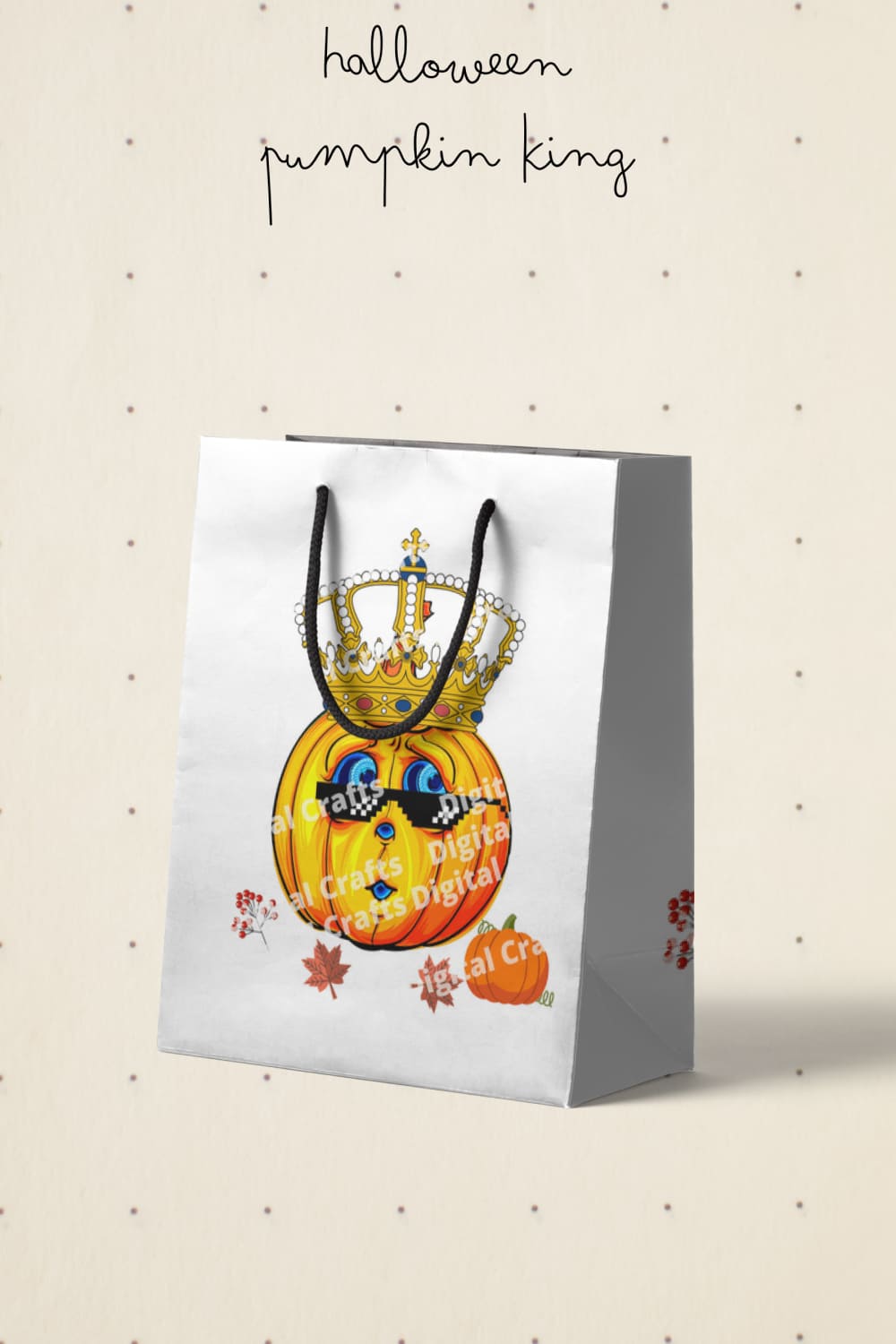 Image of paper bag with adorable king pumpkin print.