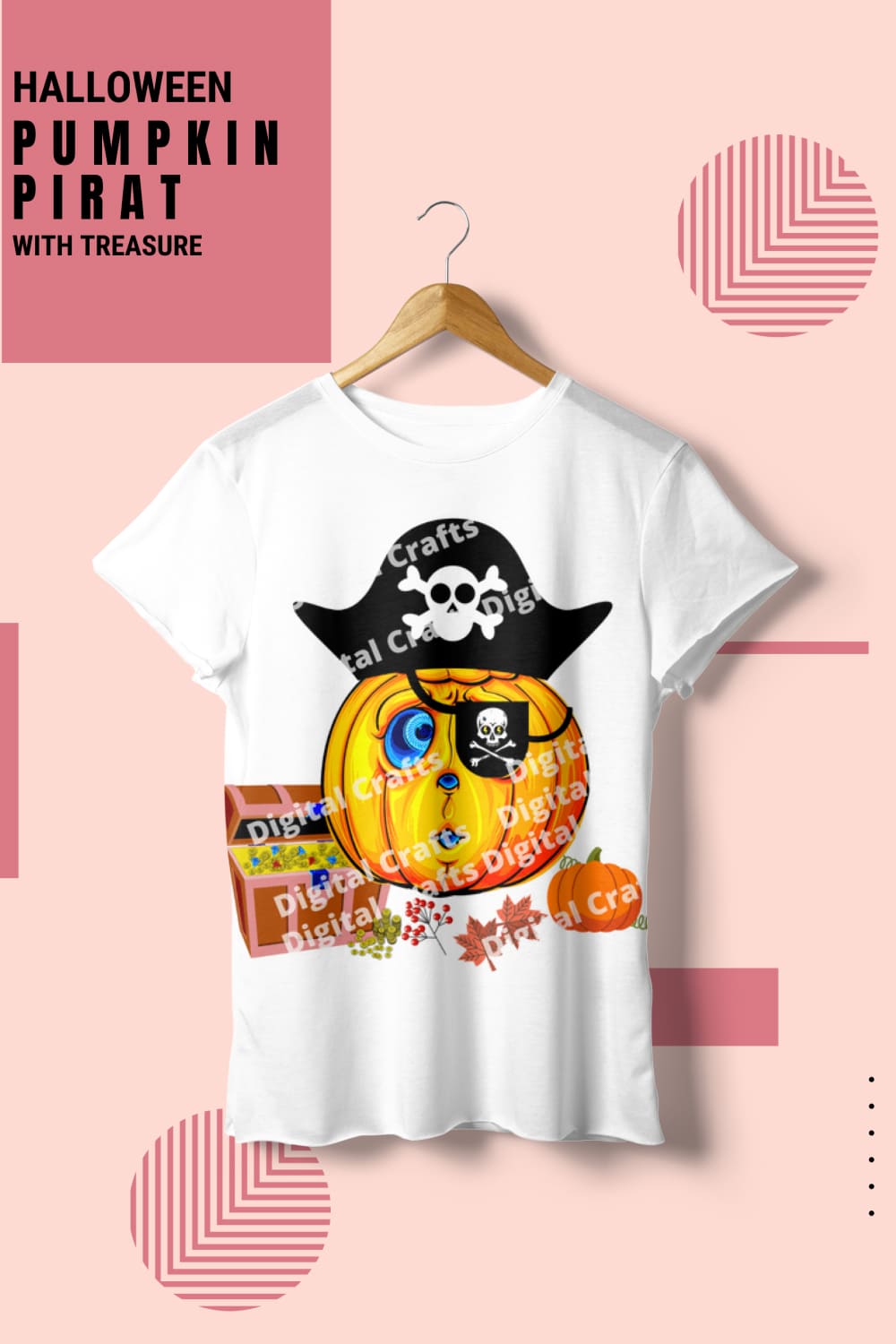 Image of white t-shirt with adorable treasure pirate pumpkin print.