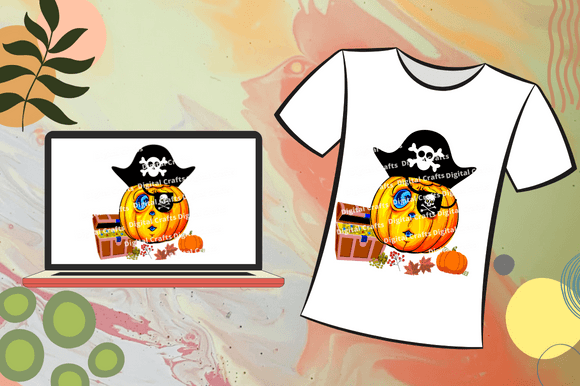 Image of laptop and t-shirt with irresistible pictures of treasure pirate pumpkin.