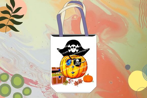 Image of a white bag with a wonderful treasure pirate pumpkin print.