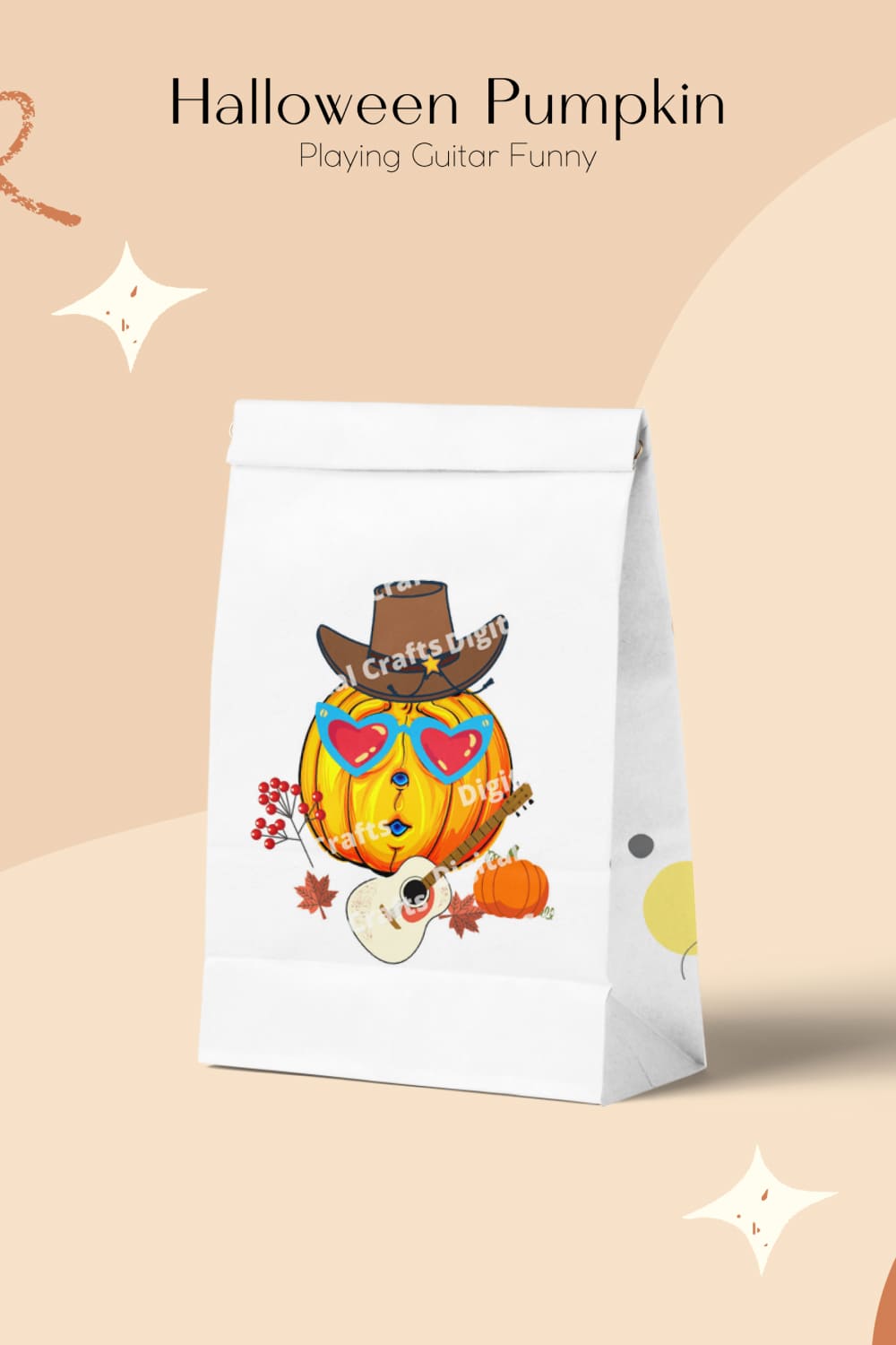Image of a paper bag with an adorable print of a pumpkin in a cowboy hat with a guitar.