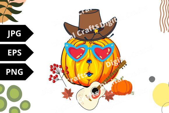 Enchanting image of a pumpkin in a cowboy hat with a guitar.