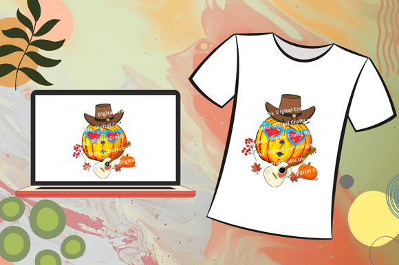 Picture of laptop and t-shirt with wonderful pumpkin pictures with cowboy hat.