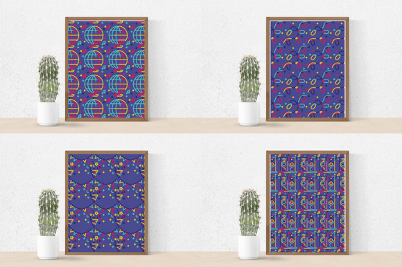 Four posters in a purple with the colorful elements.