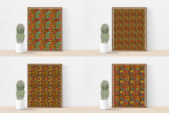 Four brown posters with the bright festive items.