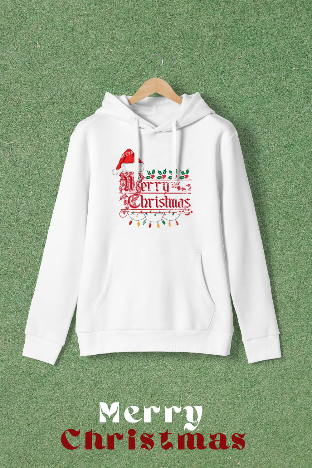 Image of hoodie with enchanting "Merry Christmas" slogan and Christmas accessories.