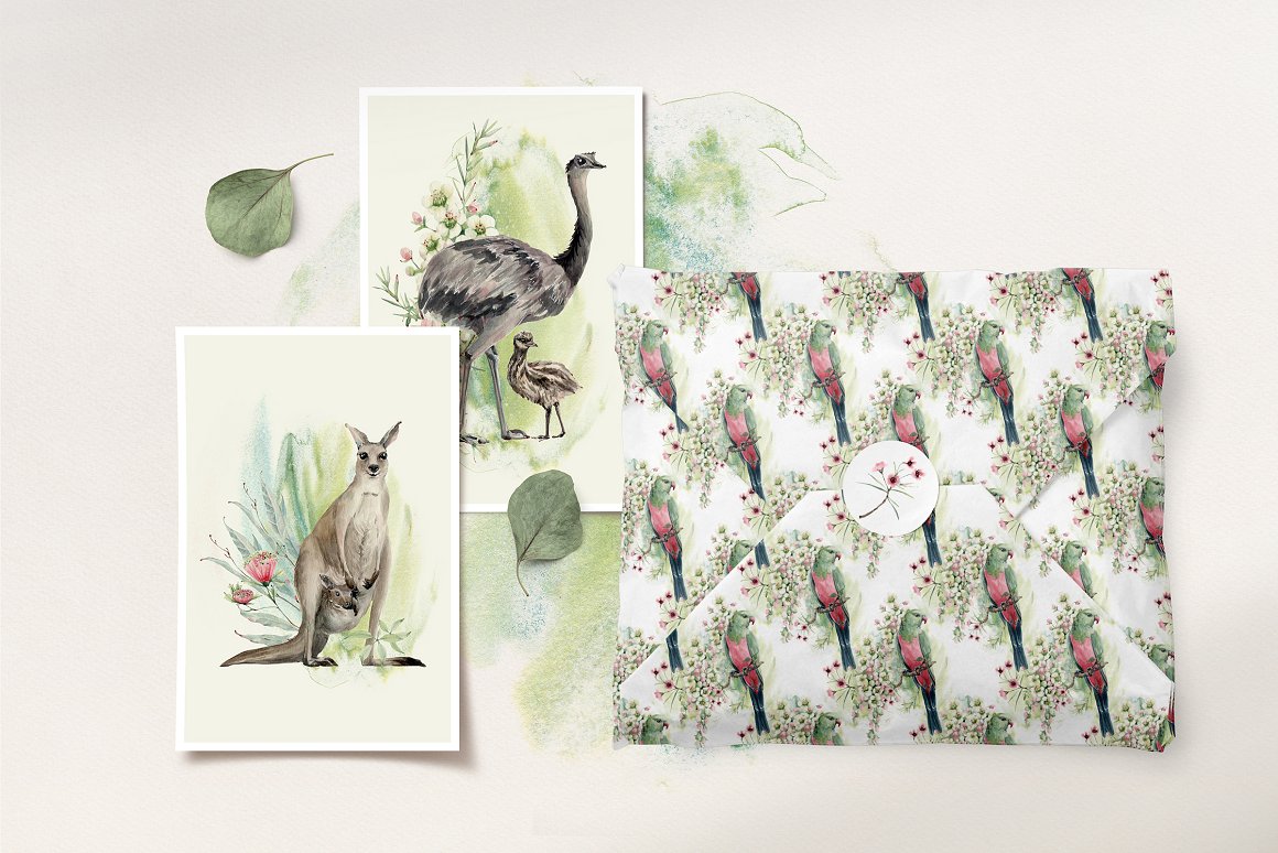 A white envelope with a parrot and flowers and 2 pictures in a white frame with a kangaroo and an ostrich.