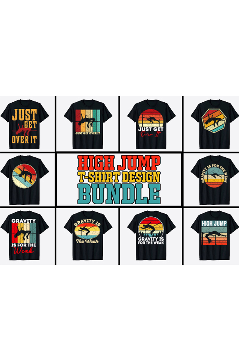 A set of images of t-shirts with a unique print on the theme of high jump.