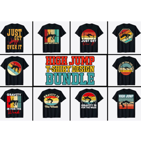 A pack of images of T-shirts with exquisite prints on the theme of high jump.