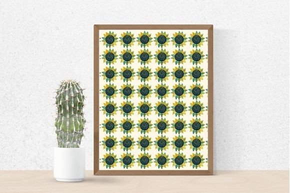 Cactus in a pot and a picture with images sunflowers on a white background in brown frame.