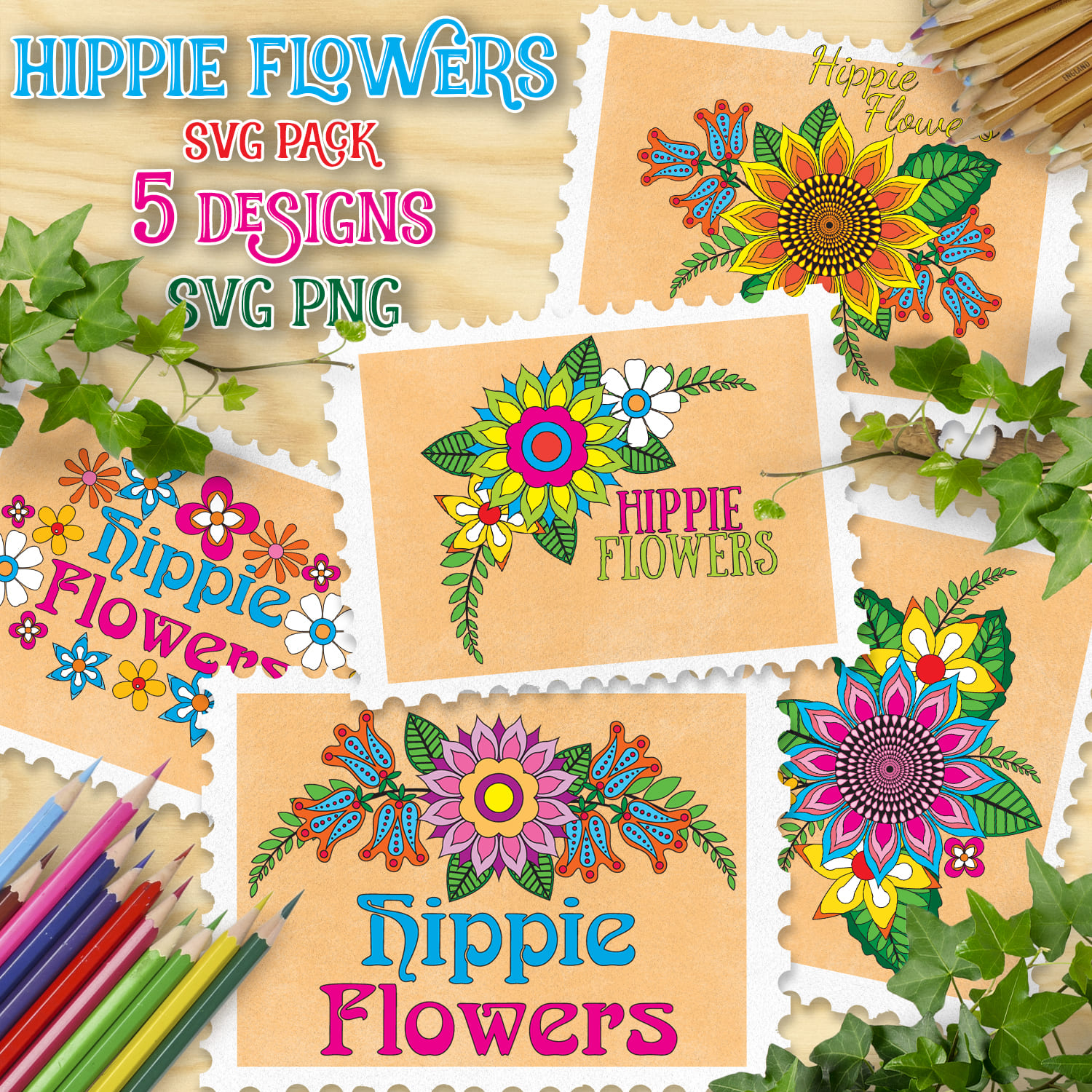 Hippie Flowers SVG T-shirt Designs Bundle - main image preview.