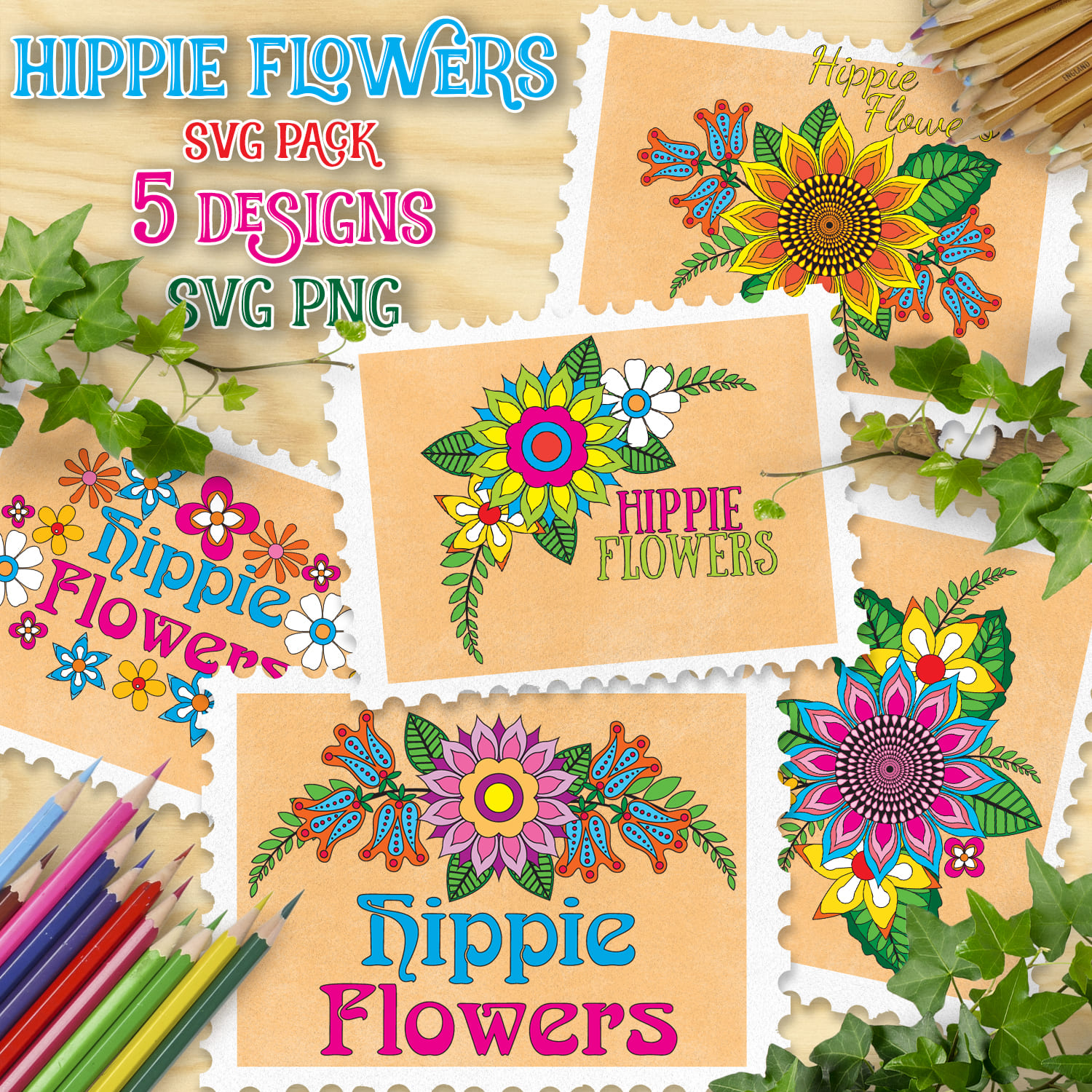 Retro Hippie Flowers, digital download, svg bundle, png subl