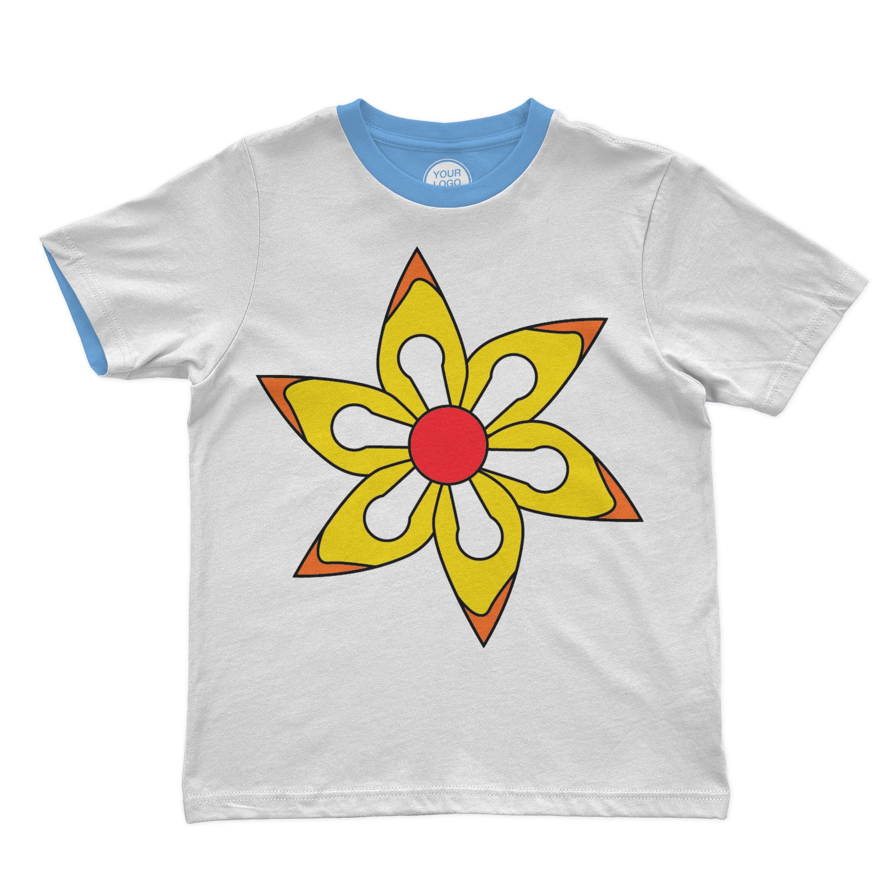 Hippie yellow flower with orange little elements on t-shirt design.