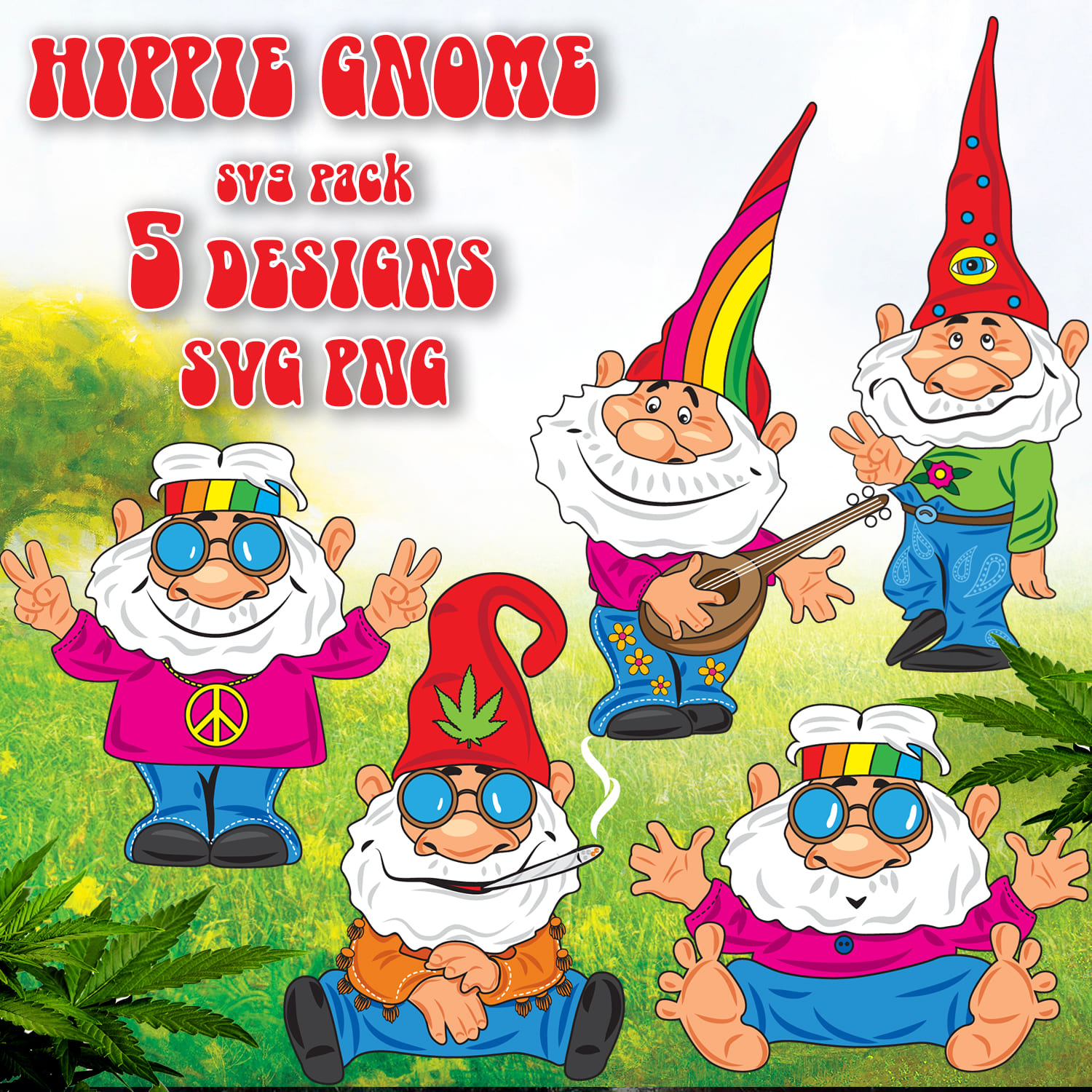 Hippie Gnome SVG T-shirt Designs Bundle - main image preview.