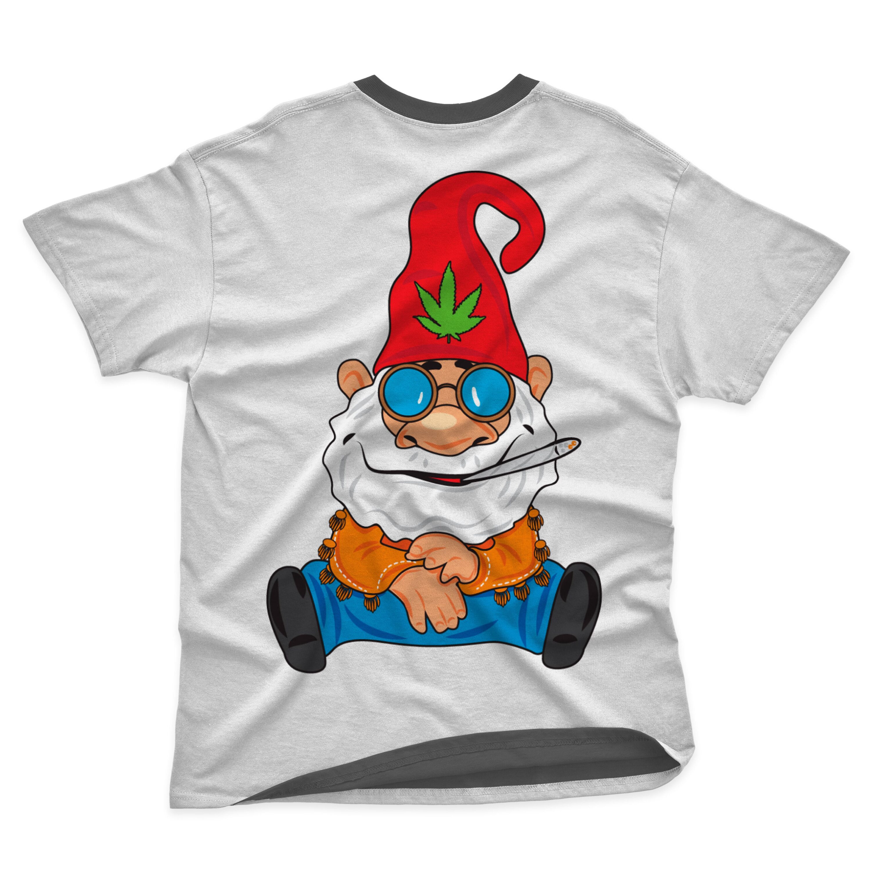 Hippie gnome on the white t-shirt.