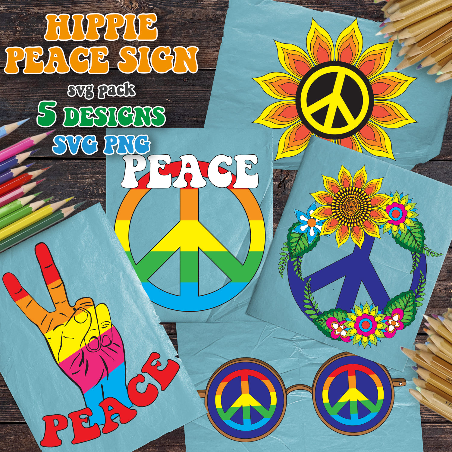 Hippie Peace Sign SVG T-shirt Designs Bundle - main image preview.