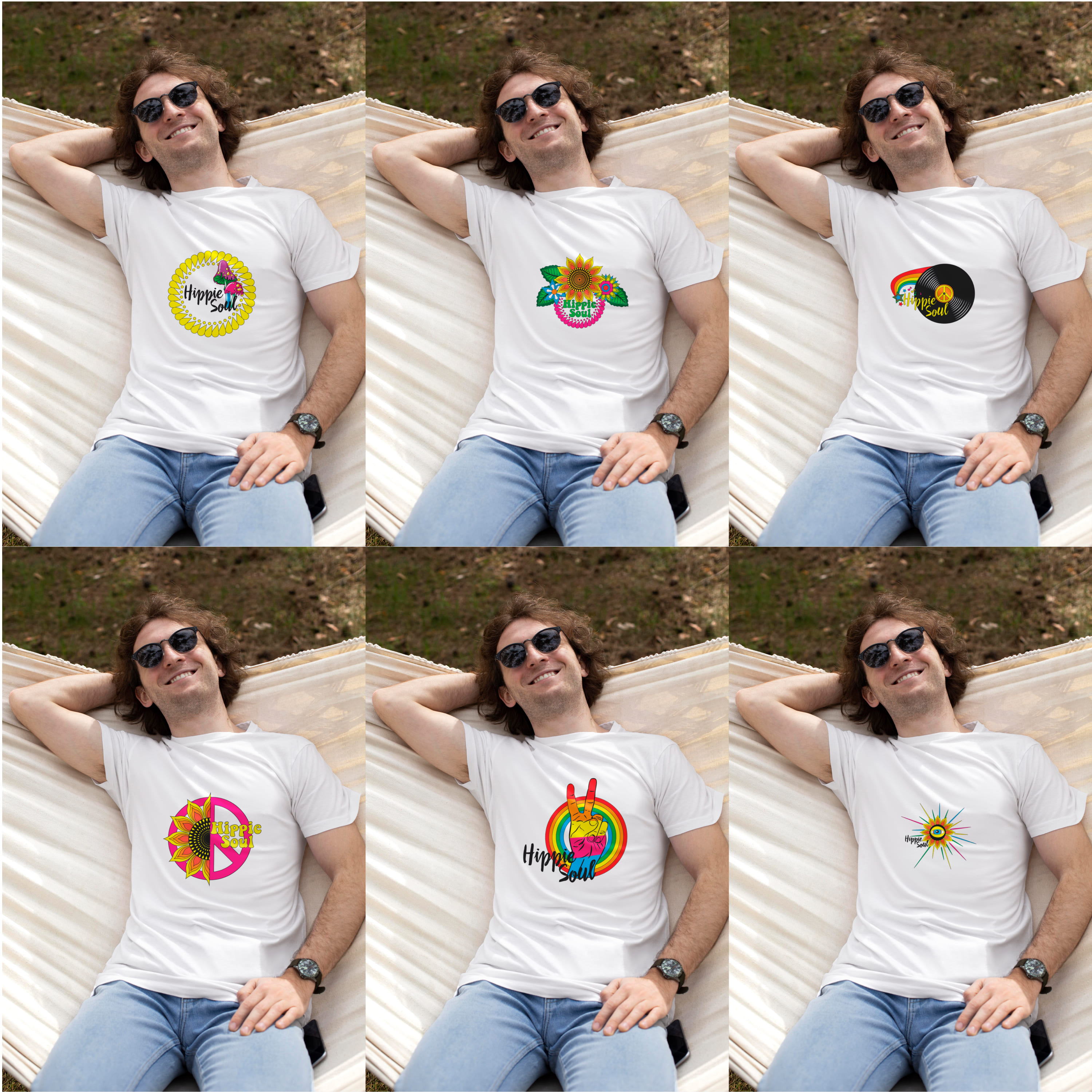 Big diversity of hippie t-shirts designs.