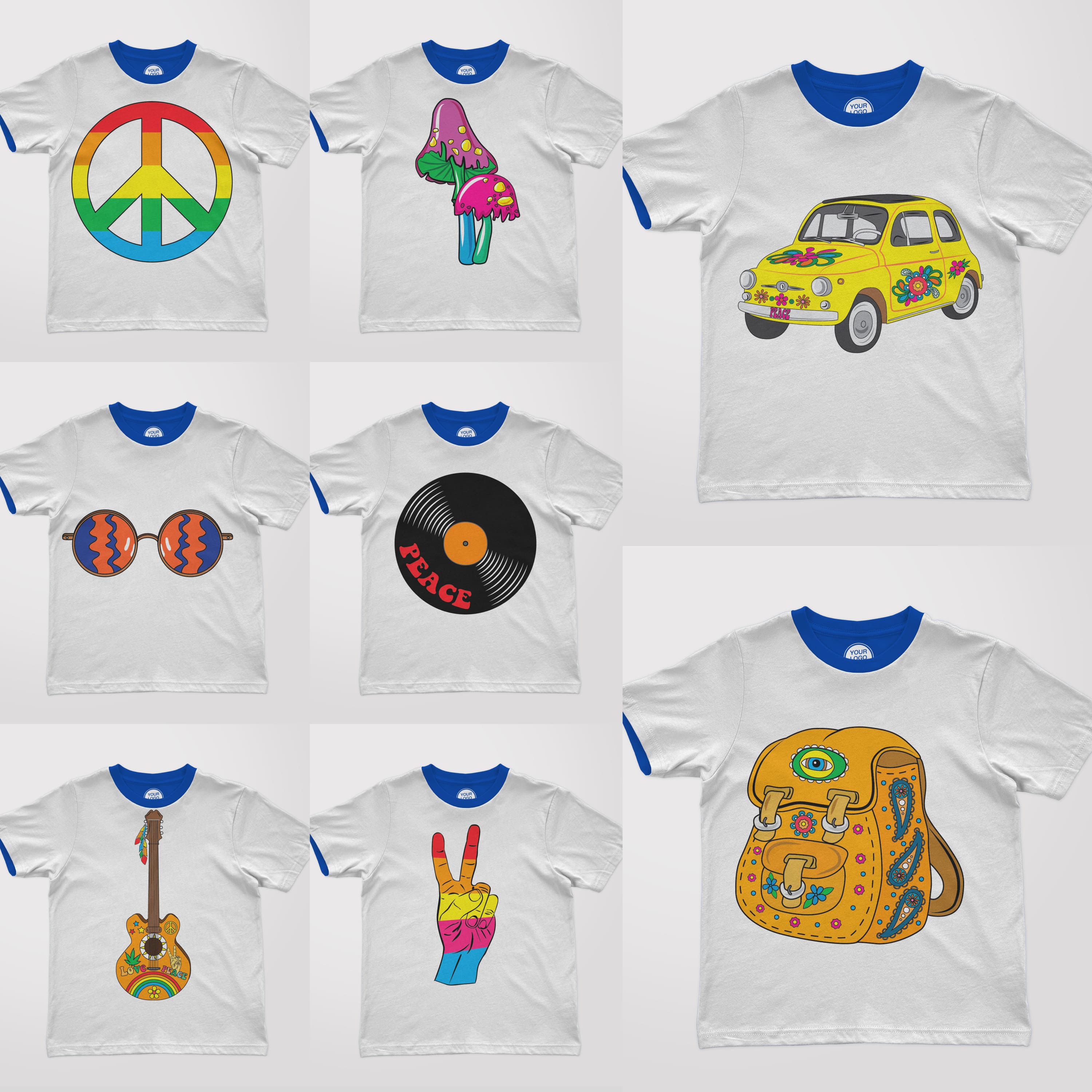 Big diversity of hippie t-shirts designs.