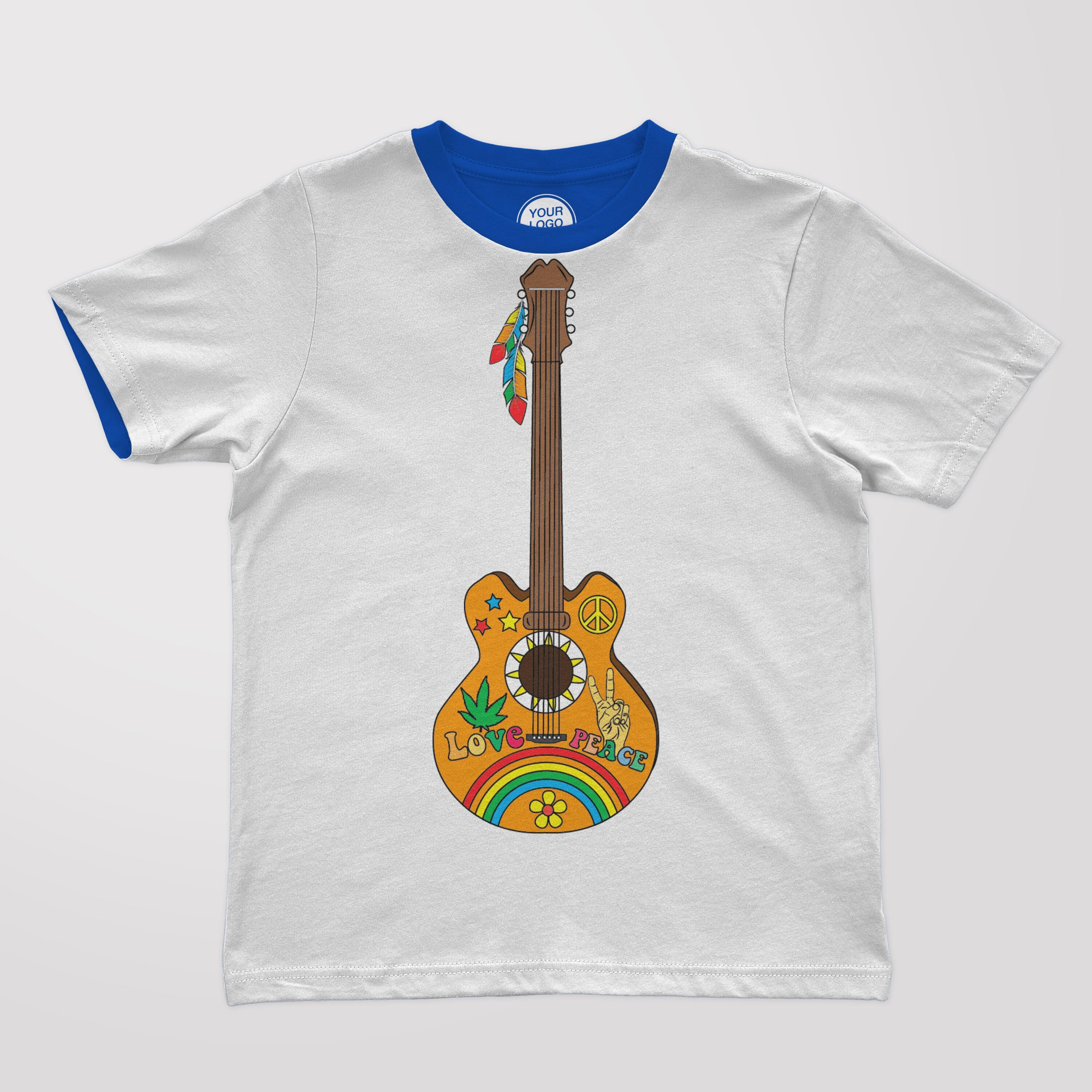 T-shirt design with printed themed hippie guitar.