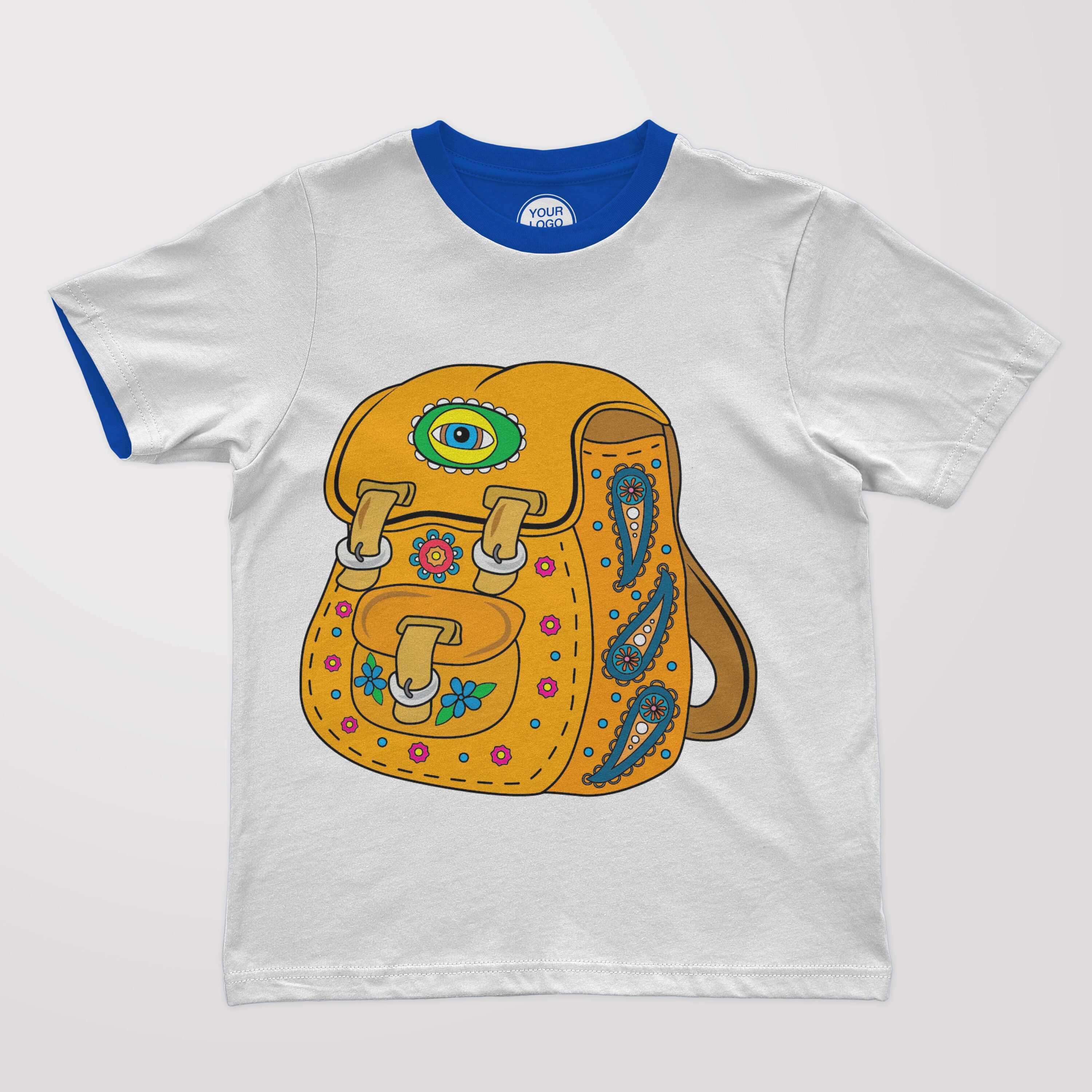 T-shirt design with printed ornamental hippie bag.