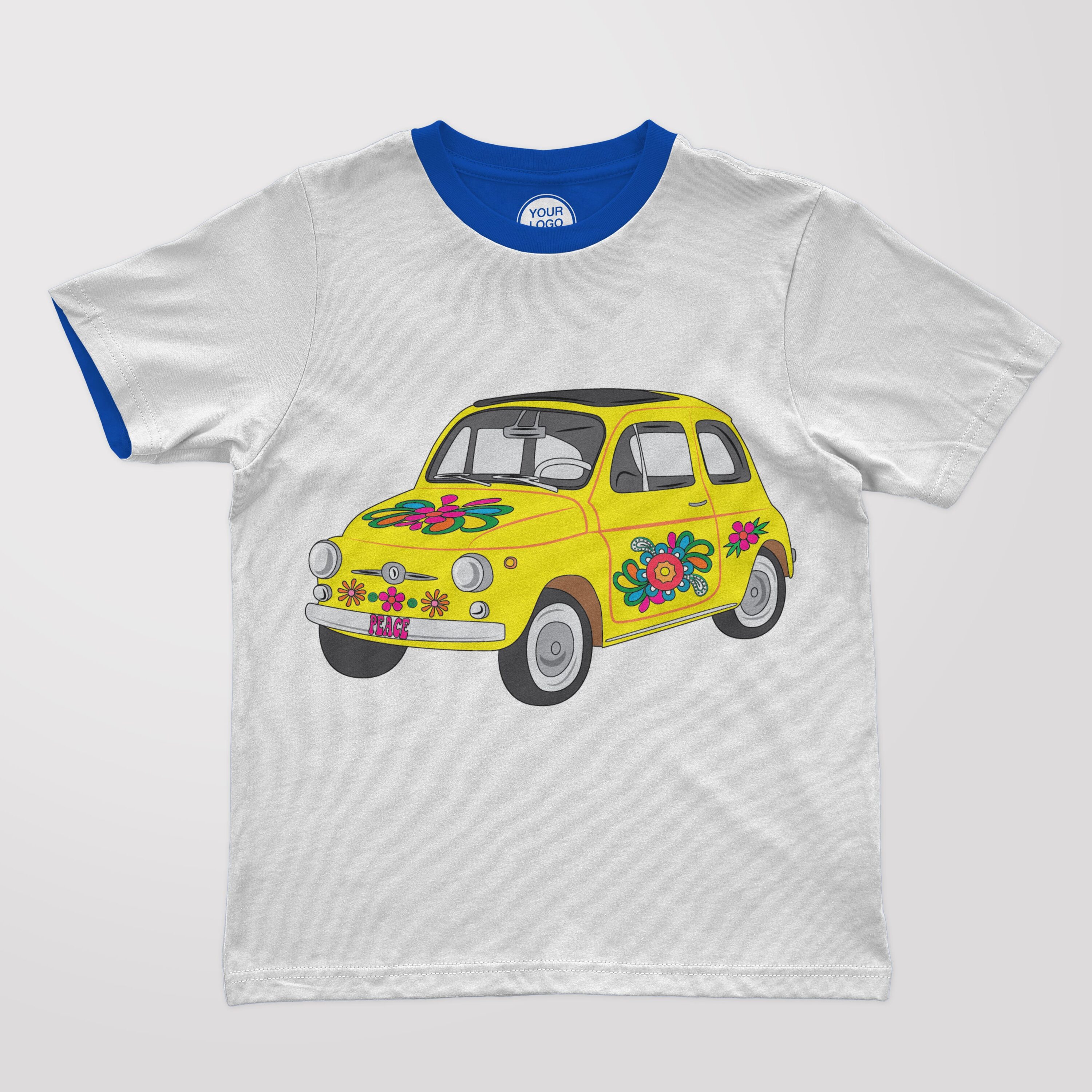 T-shirt design with printed hippie yellow car on it.