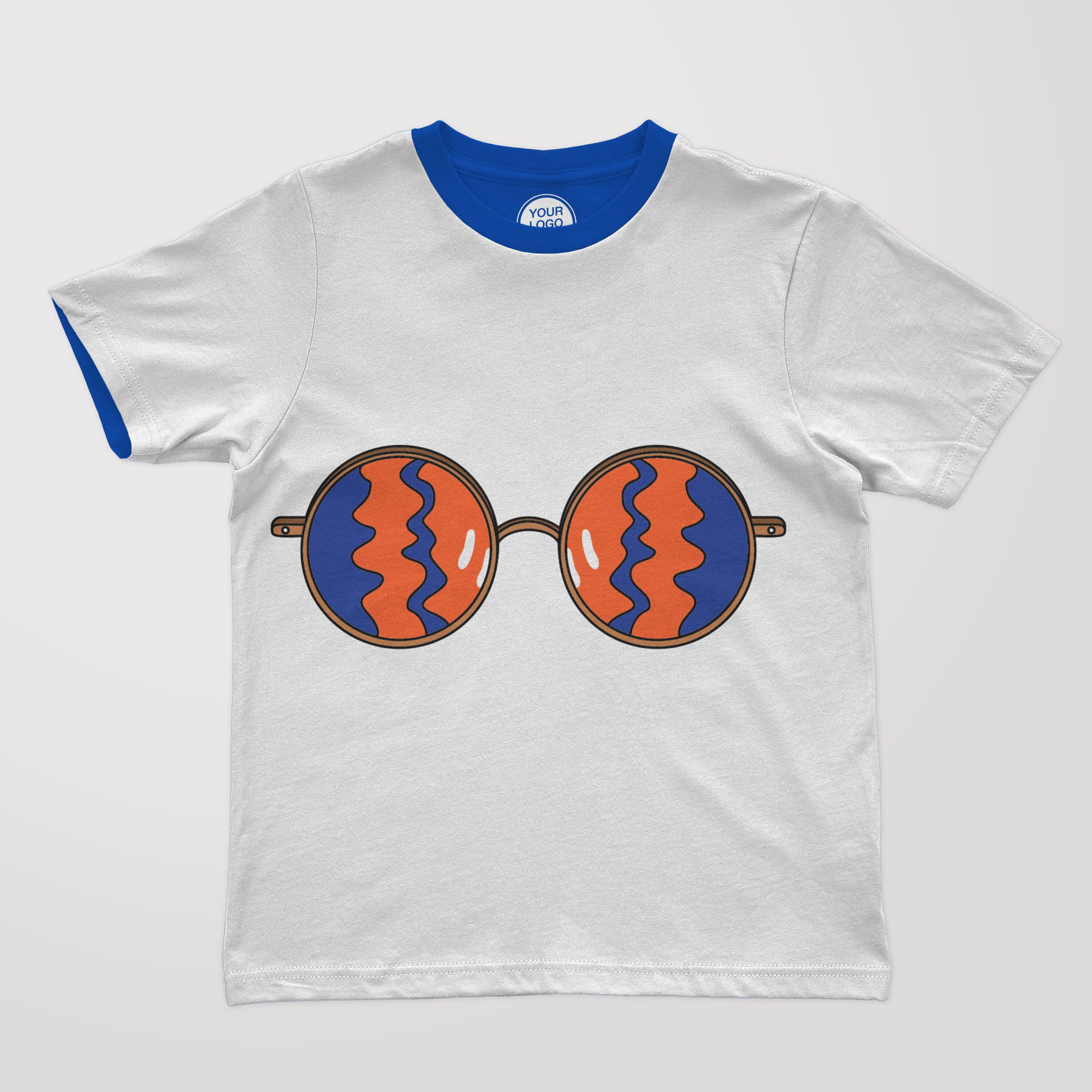 T-shirt design with printed hippie colorful sunglasses on it.
