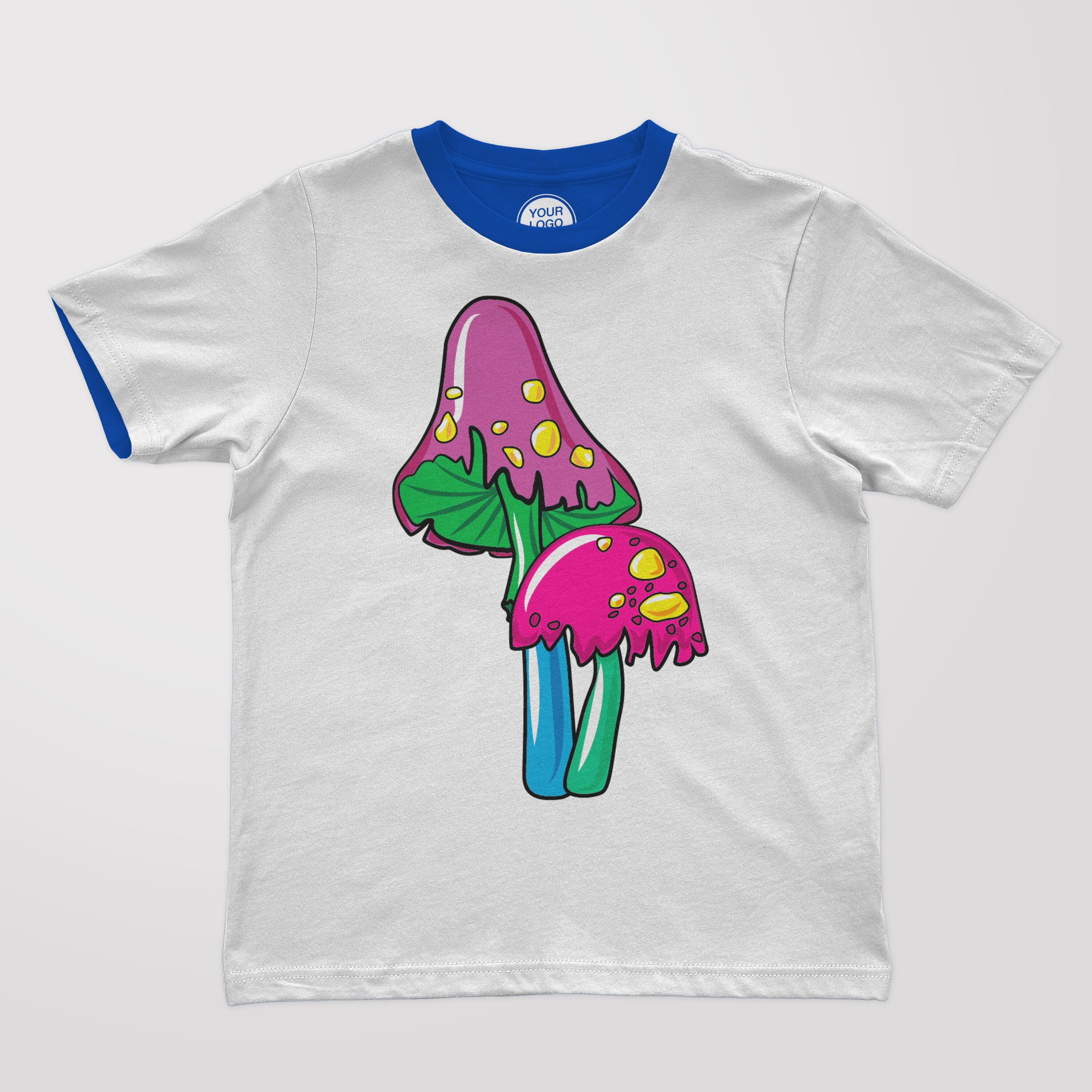 T-shirt design with printed colorful mushrooms on it.