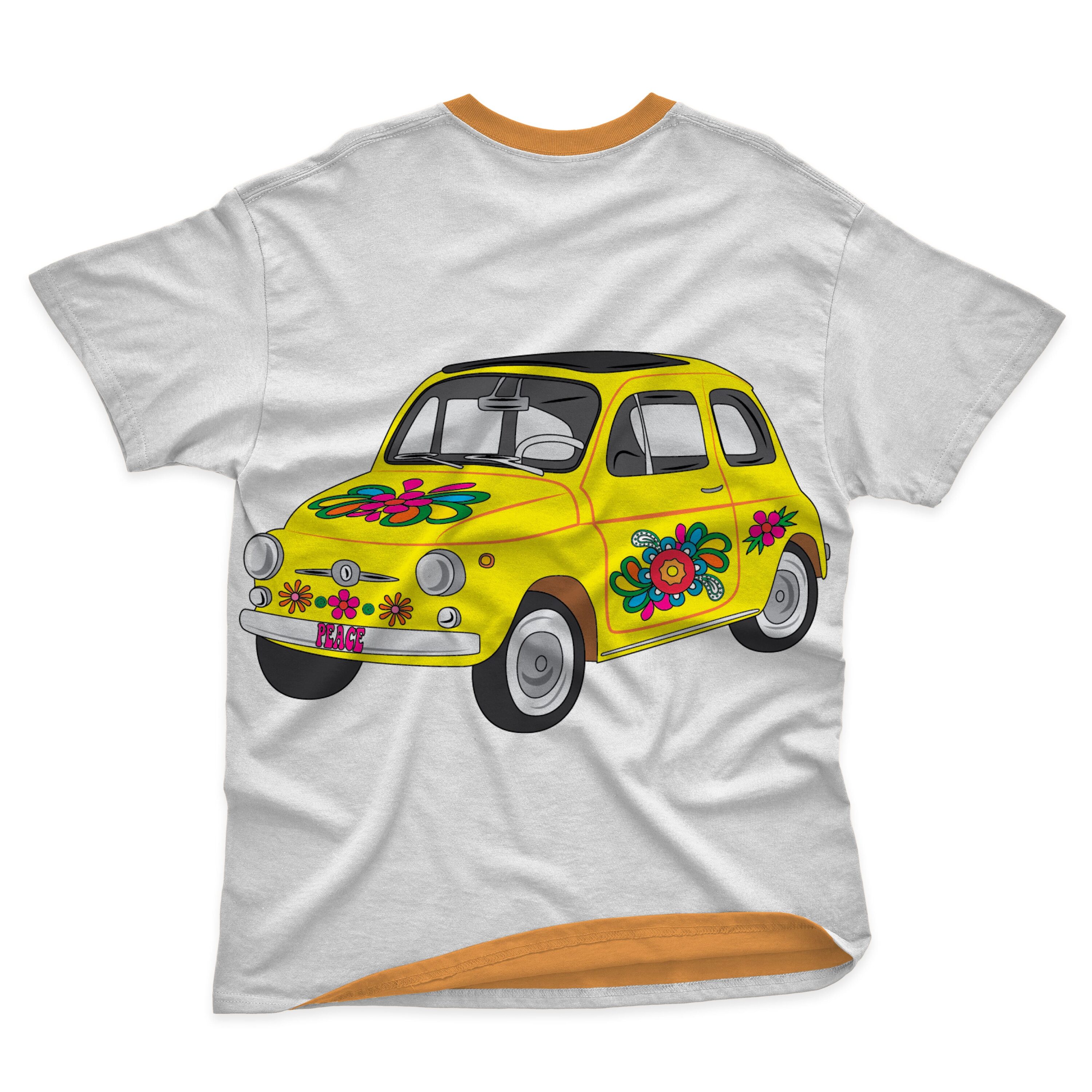 T-shirt design with printed hippie yellow car on it.