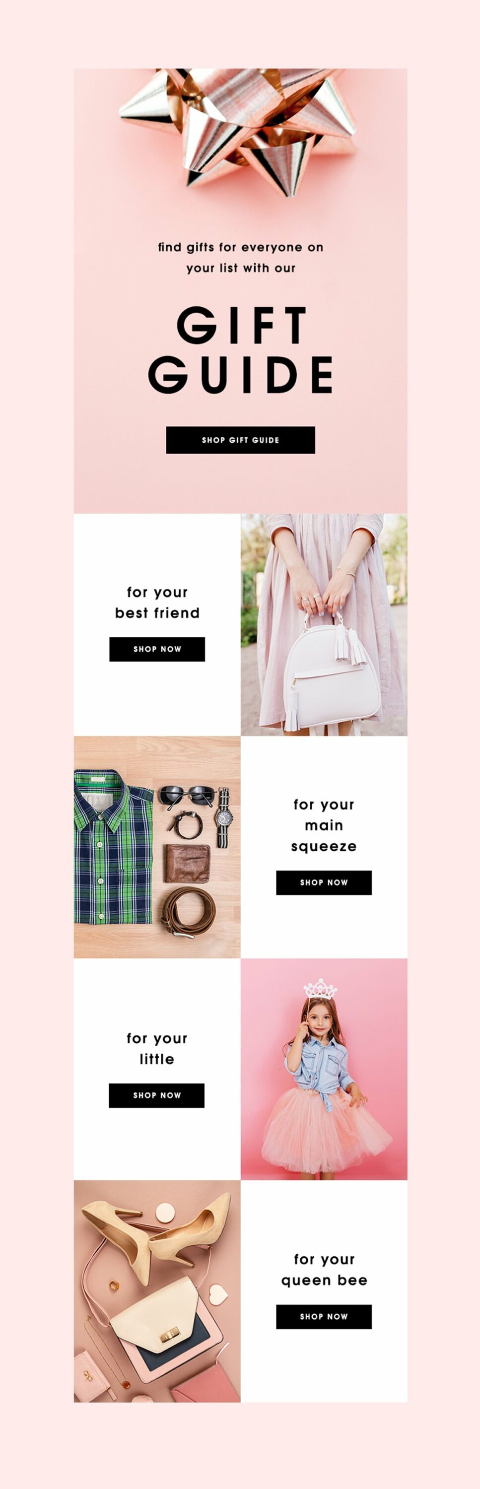 Black lettering "Gift guide" and gift guide email template on a pink background.