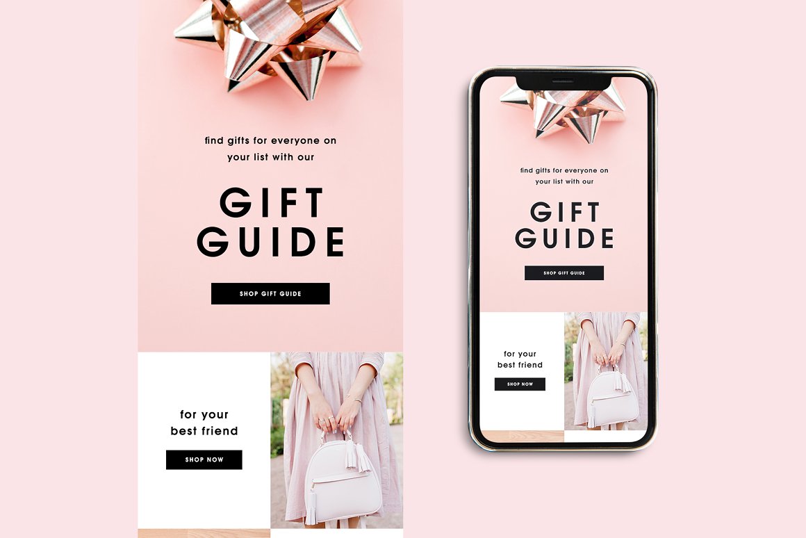 Iphone mockup with black lettering "Gift Guide" and gift guide email template and same template on a pink background.