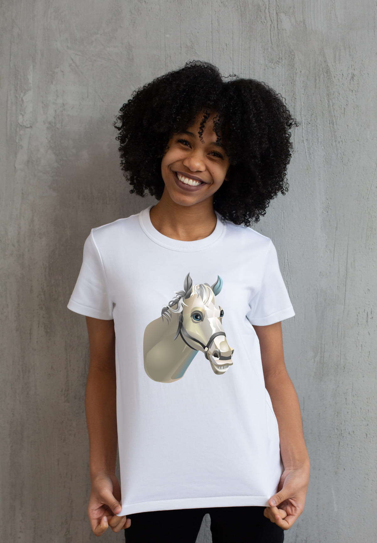 White t-shirt with a gray horse face on a girl.
