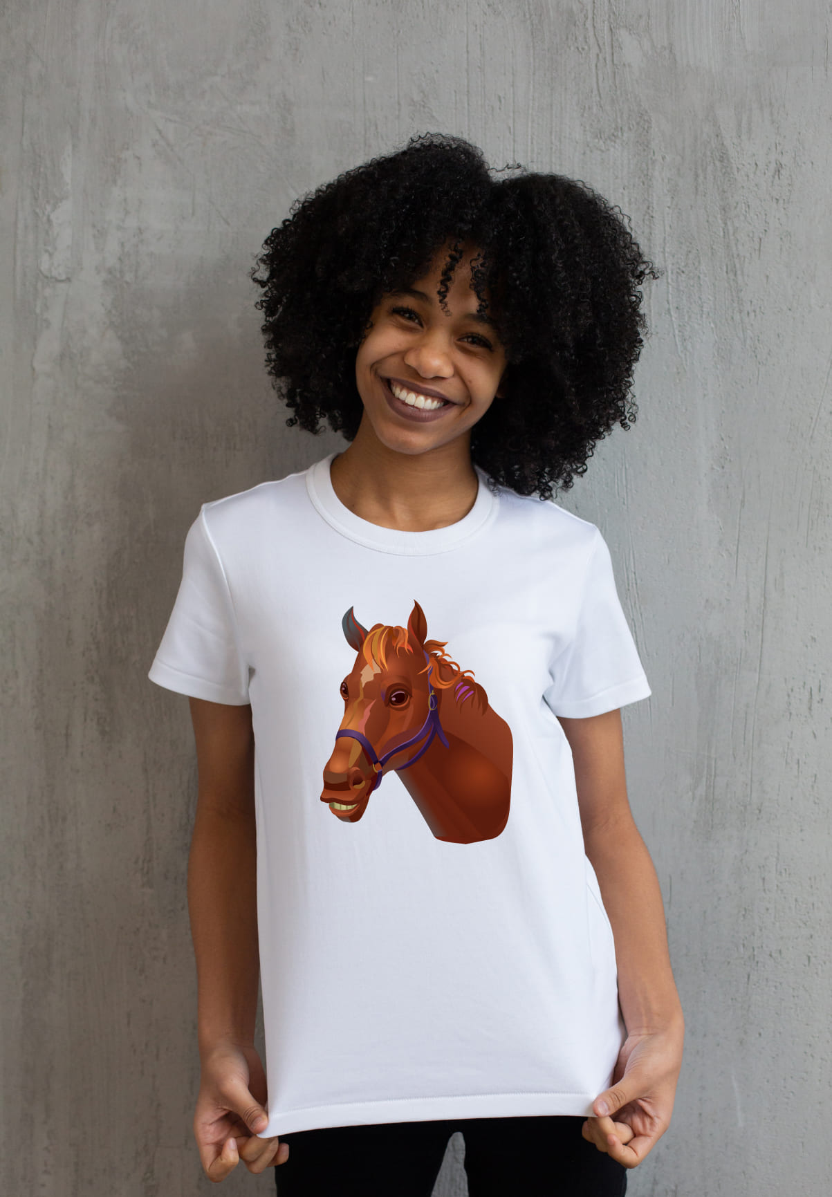 White t-shirt with a brown horse face on a girl.