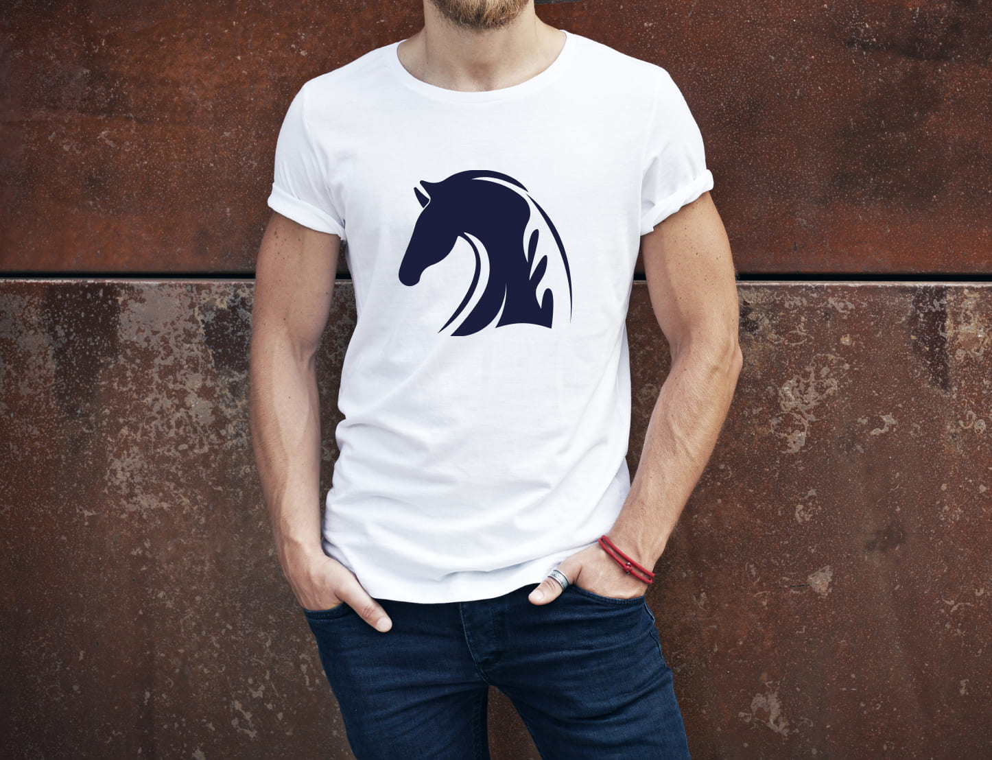 White t-shirt with a black horse head on a man.