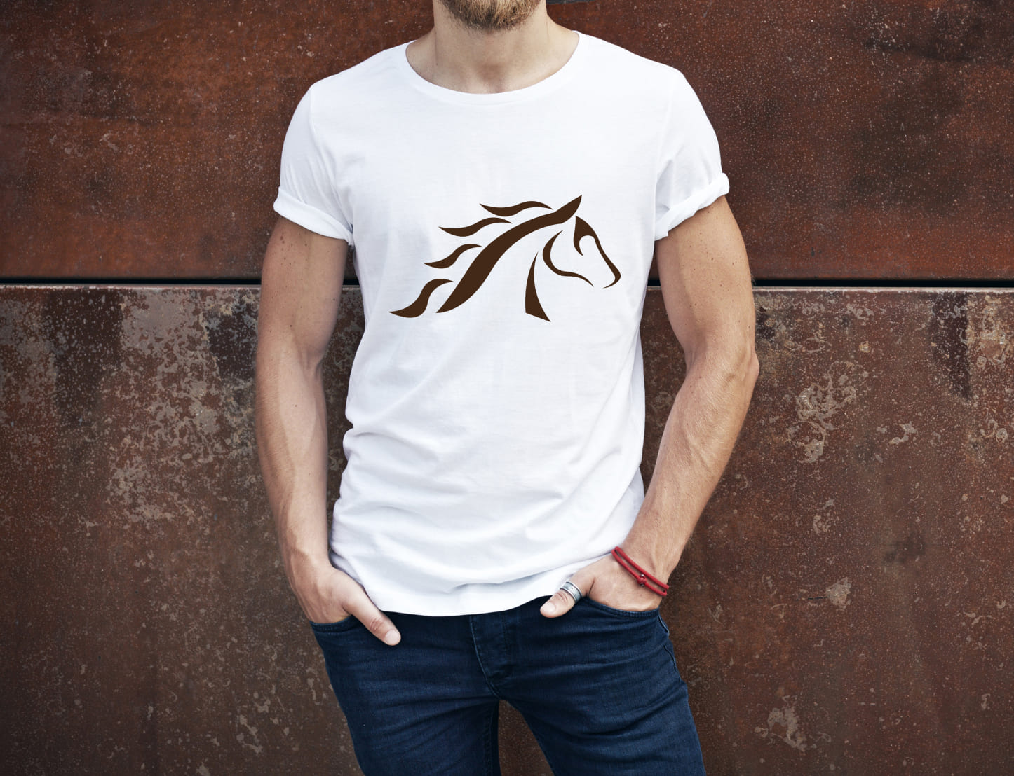 White t-shirt with a black and white horse head on a man.