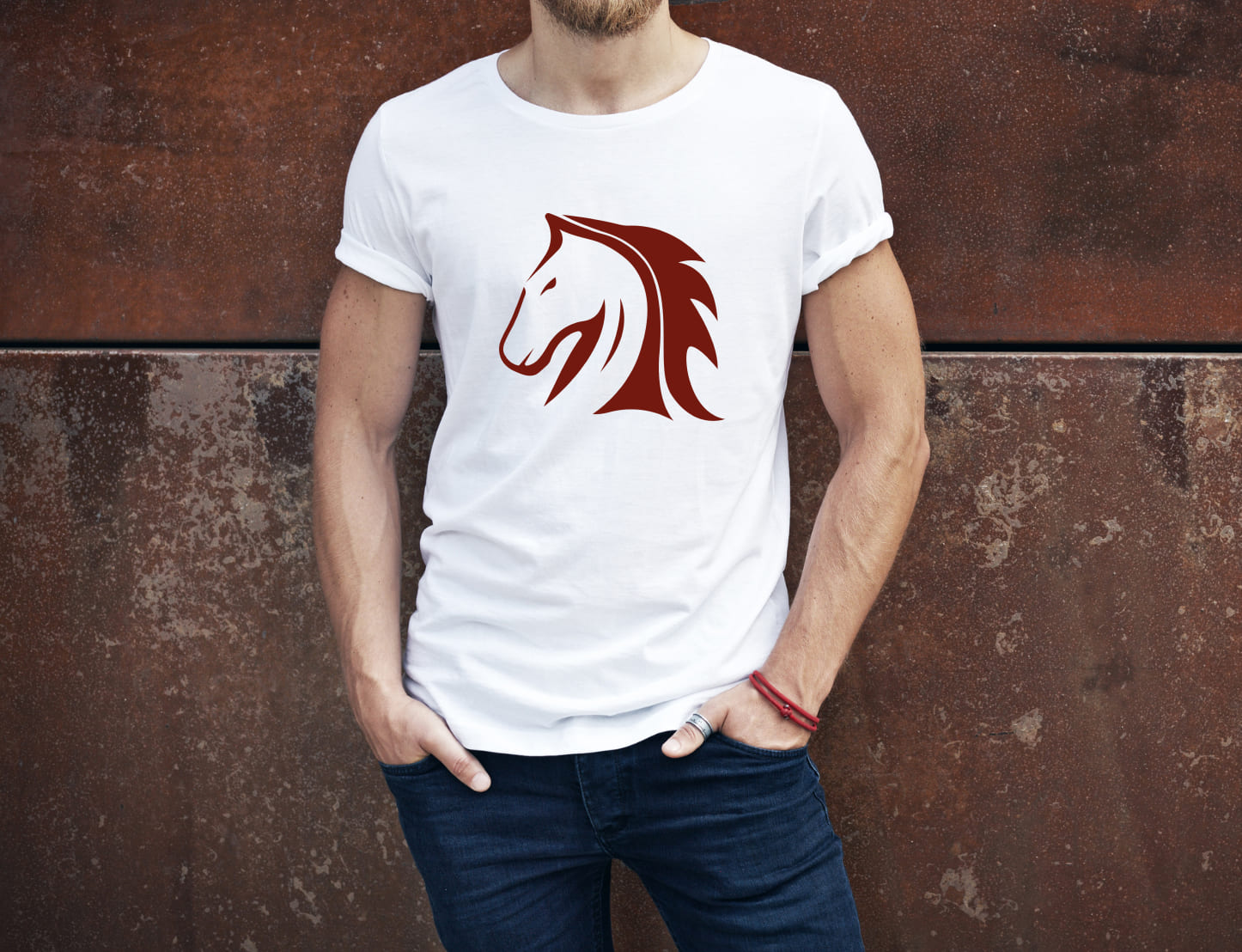 White t-shirt with a brown and white horse head on a man.
