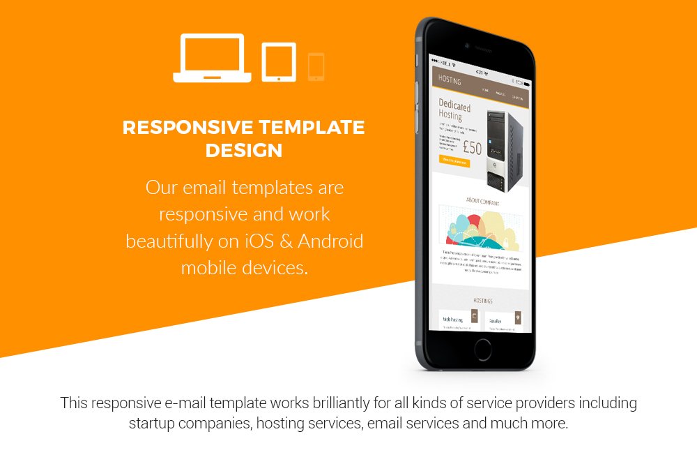 Mockup Iphone with hosting responsive template on an orange and white background.