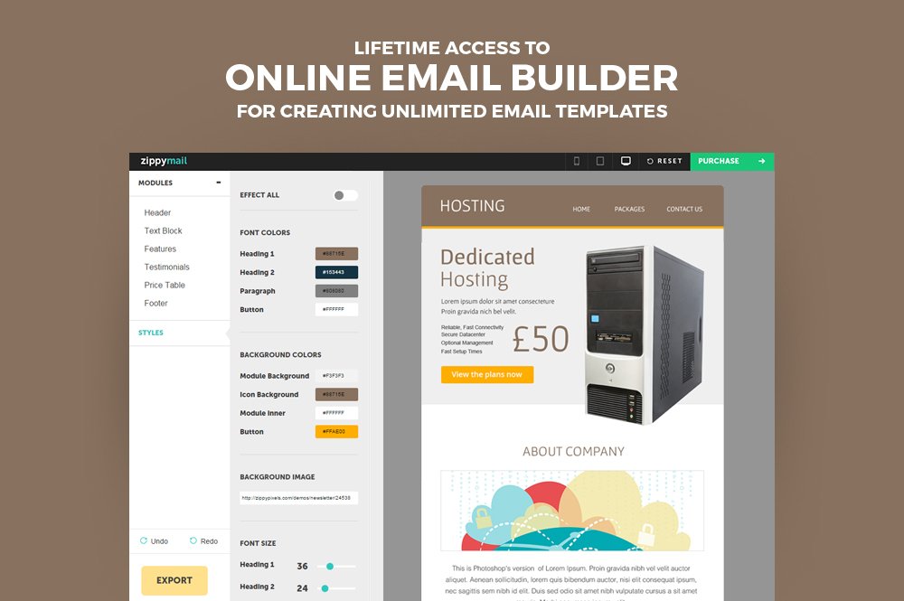 The white lettering "Lifetime access to online email builder for creating unlimited email templates" and hosting responsive template on a light brown background.
