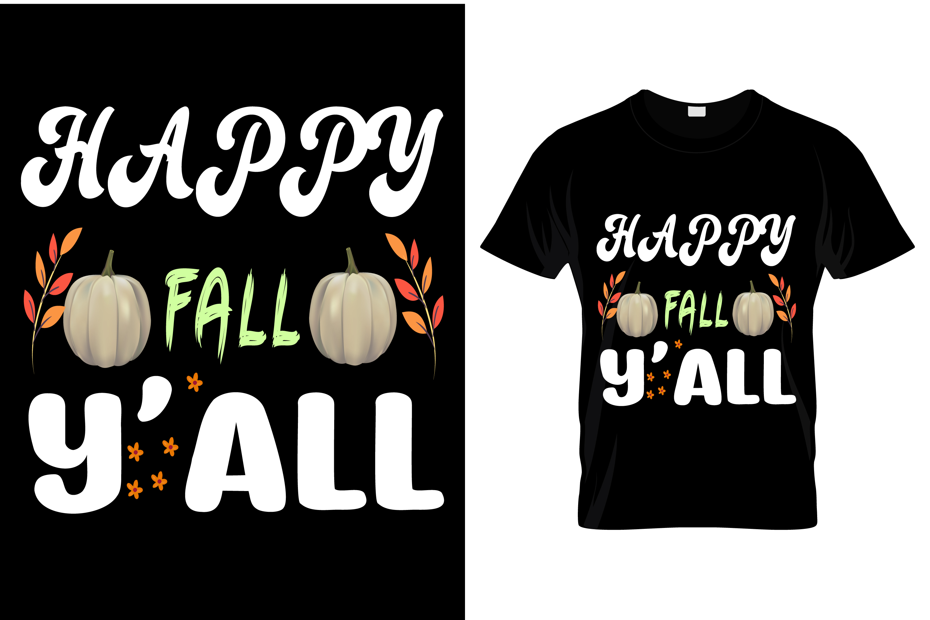 Image of black t-shirt with unique print with pumpkin and autumn foliage.