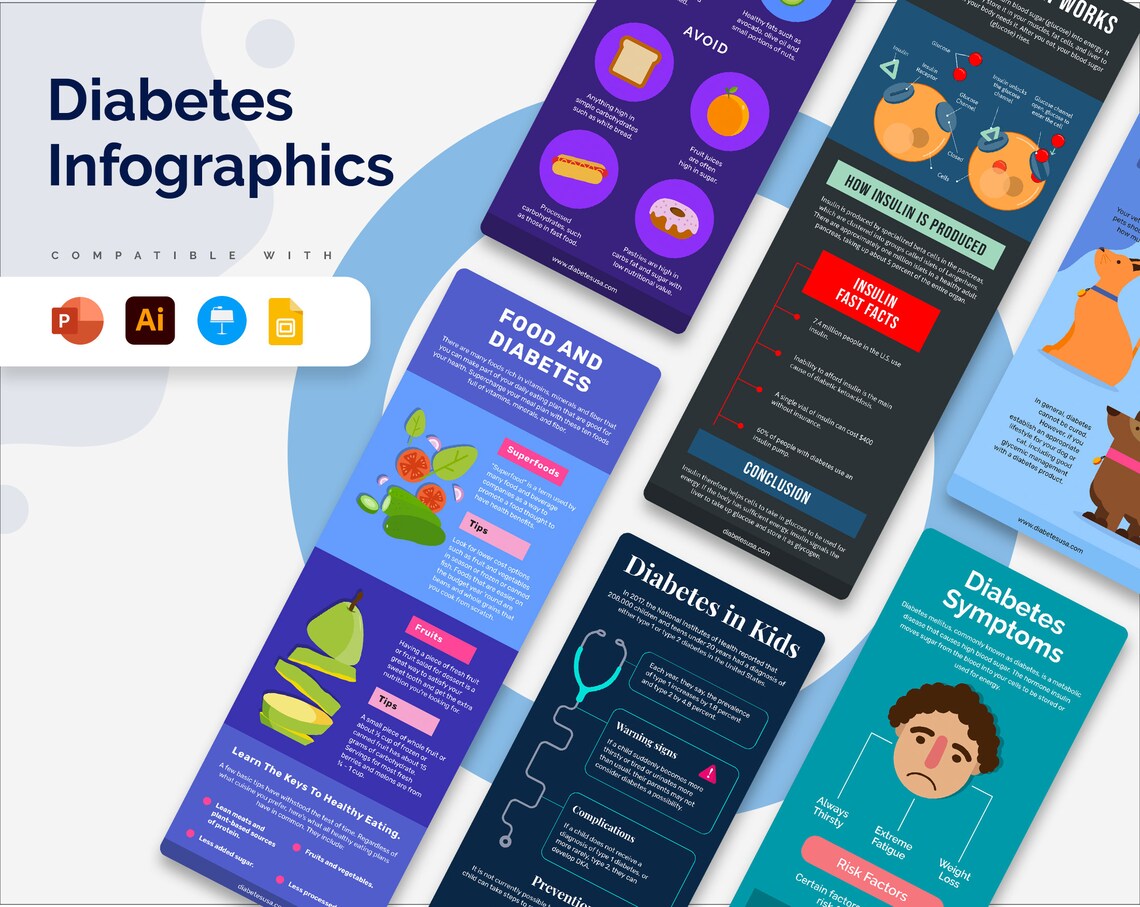Black lettering "Diabetes Infographics" and 6 different purple, black, light blue, blue, dark blue and turquoise infographics on a gray background.