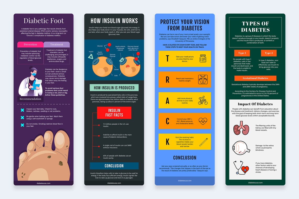 A set of 4 different diabetes vertical infographic templates in purple, black, blue and dark green on a gray background.